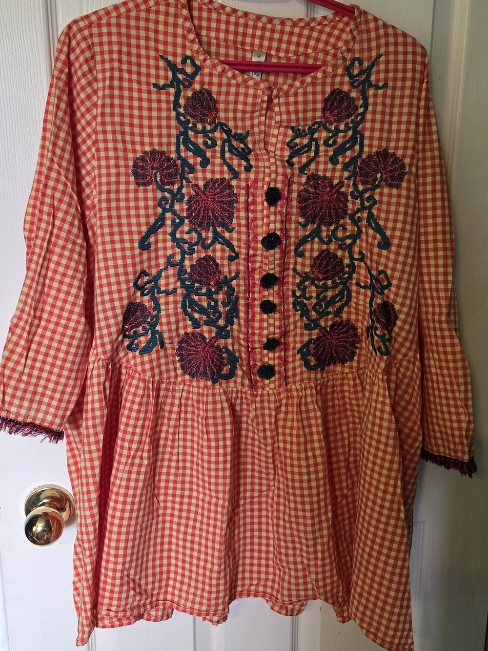 Embroidered Orange Gingham Peasant Tunic Top